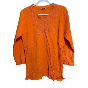 Krishma Womens One Size Orange Gauze Lagenlook Embellished Tunic Top Blouse